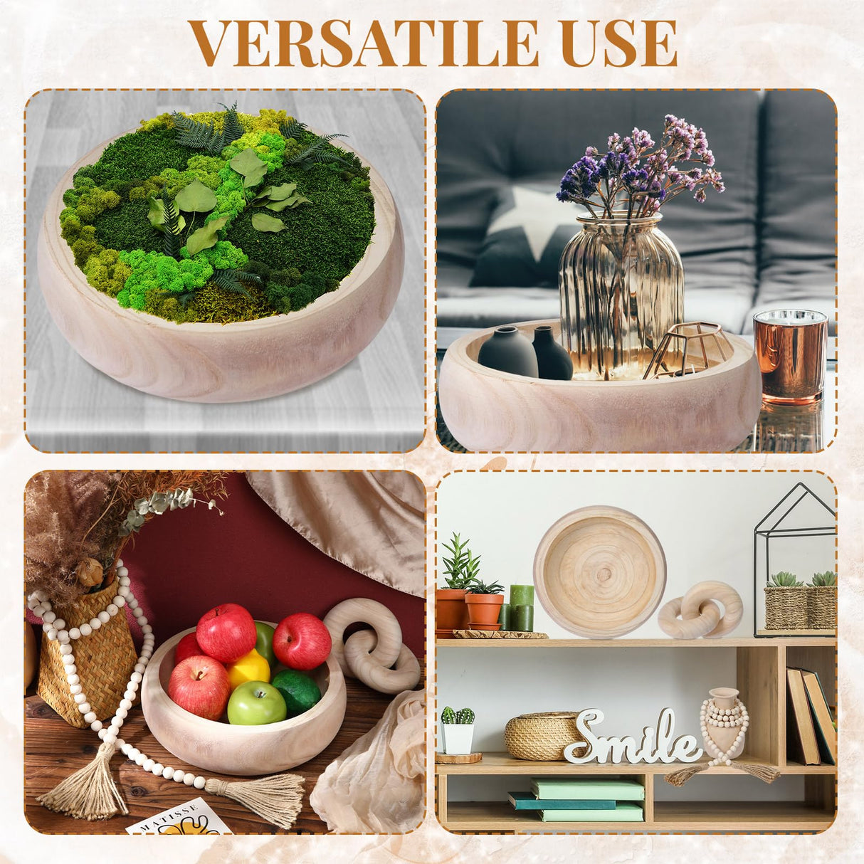 Hushee 3 Pcs Wood Decor Set Include Wood Fruit Bowl Wooden Beads Garland with Tassels Wood Knot Decor Wood Chain Link Decor Wood Serving Bowl Farmhouse Beads for Home Room Table Rustic Decorations Hushee