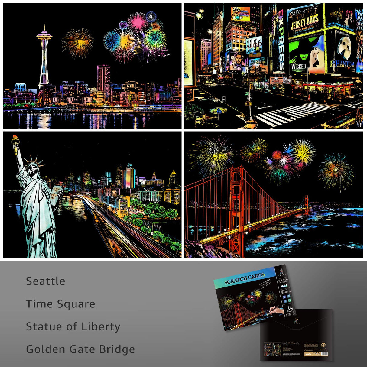 Scratch Art for Teens & Adults, Rainbow Engraving Painting Landscape Scratchboard(A4) Crafts Set: 8 Sheets with 4 tools - New York, Statue of Liberty, Golden Gate Bridge, Manarola (America / Europe) AP ARTSPER