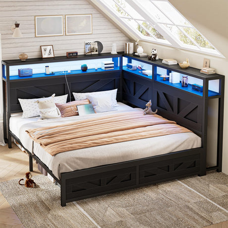 CIKUNASI Corner Queen Size Bed Frame with Headboard and Storage Bookcase Large Capacity Farmhouse Bed Frame with LED Lights and Charging Station for Kids Corner Storage Bed CIKUNASI