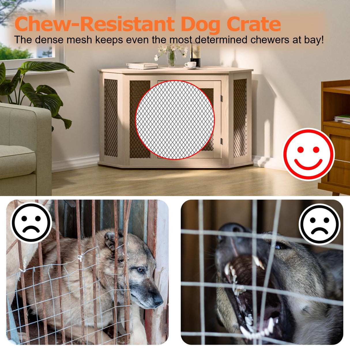 VENDORZ Corner Dog Crate Furniture, 44" Wooden Dog Kennel Furniture End Table with Mesh, Dog Kennel Indoor Furniture for Small Medium Dogs, Modern Decorative Wood Pet House Dog Cage Crate, White VENDORZ