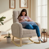Hevaotry Nursery Rocking Chair with Adjustable Footrest for Living Room,Teddy Fabric Rocking Chair with Solid Wooden Legs，Comfortable Lounge Armchair with Side Pockets and High Backrest(Light Coffee) Hevaotry