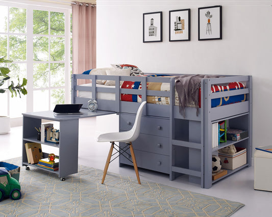 Naomi Home Grey Twin Size Loft Bed with Desk, Bookcase Shelf, Cabinet Ladder, and Safety Guard Rails