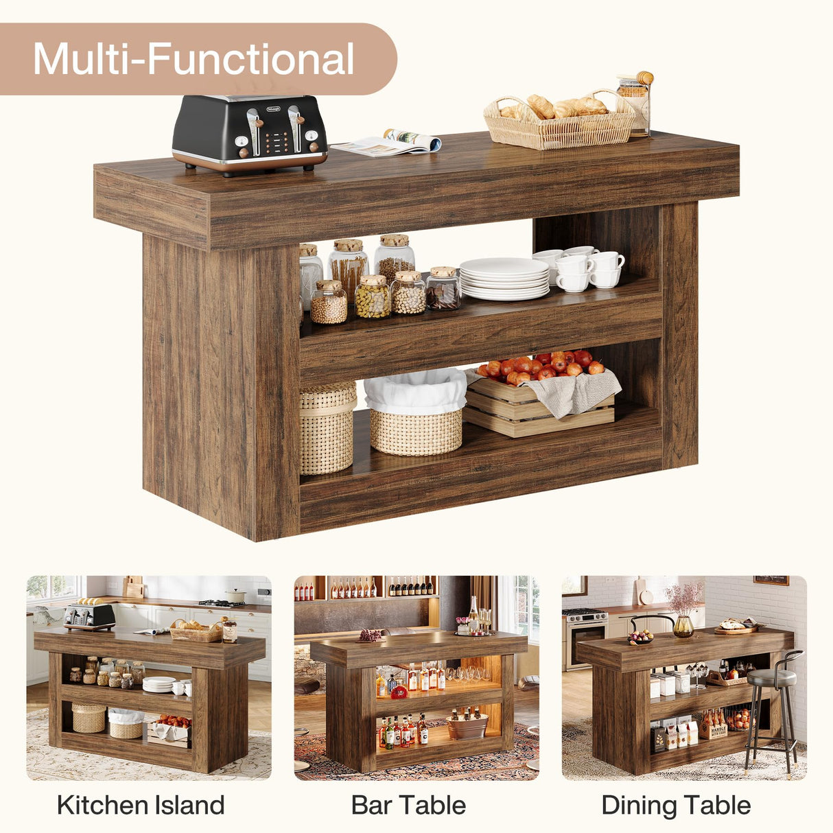 Tribesigns 55-Inch Kitchen Island with Storage, Farmhouse 3-Tier Stationary Island Table with Large Countertop, Wooden Coffee Bar Table Storage Cabinet for Kitchen, Dining Room, Living Room, Brown Tribesigns
