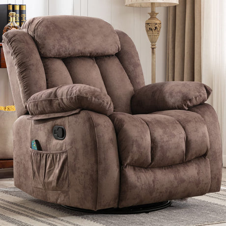 CANMOV Massage Rocker Recliner with Heat and Vibration, 360 Degree Swivel Manual Antiskid Fabric Single Sofa Heavy Duty Reclining Chair for Living Room, Dark Brown CANMOV