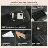 ABCASA 3 Seater Recliner Sofa, Manual Reclining Couch with Flip Middle Backrest, Phone Holder, Side Pocket, Drawer, Power Outlet, Reclining Sleeper for Living Room, Home Theater & RV (Textile - Gray) ABCASA