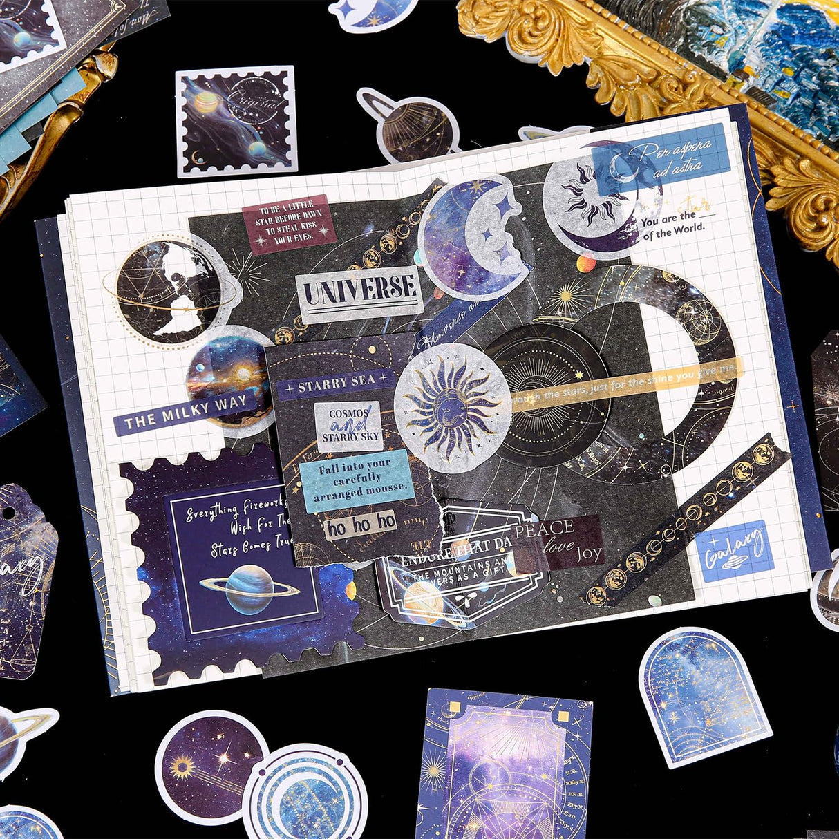 VYRANA 200Pcs Galaxy Bundle Junk Journal Kit Vintage Scrapbook Stickers Journaling Scrapbooking Supplies Aesthetic Stickers Moon Star Scrappy Paper and Sticker Pack VYRANA