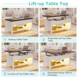 PPorfamilia Lift Top Coffee Table, 4 in 1 Coffee Table with Storage for Living Room, Lift Tabletop Dining Table with Hidden Compartment, Center Table with LED Light & Charge Station for Office, White PPorfamilia