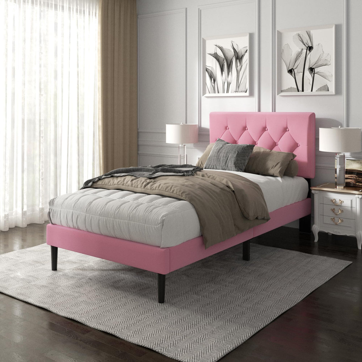 HAOARA Twin Size Platform Bed Frame with Upholstered Button Tufted Headboard, Mattress Foundation with Wooden Slat Support, Noise Free, No Box Spring Needed, Easy Assembly, Pink Velvet HAOARA