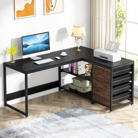 Tribesigns L Shaped Computer Desk with Storage Drawers, 59 inch Corner Desk with Shelves, Reversible L-Shaped Office Desk Study Writing Table Workstation for Home Office, Black Tribesigns