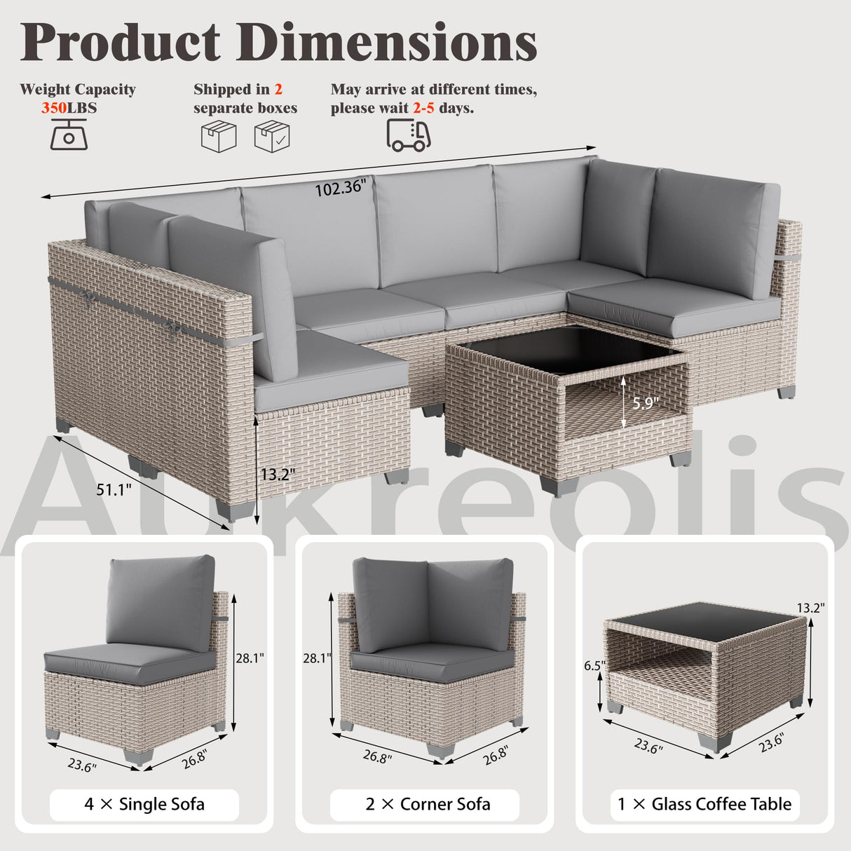 Aukreolis 7 Pieces Patio Furniture Set, Outdoor Sectional Wicker Sofa with Thick Cushions and Storage Coffee Table, Rattan Patio Conversation Sets for Deck Yard Poolside, Grey Aukreolis