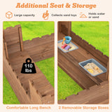 HONEY JOY Sandbox with Sand Wall, Cedar Bottomless Sand Pit for Backyard, 4 Red Flags & Bottom Liner, Side Bench & 2 Boxes, Wooden Sand Boxes for Kids Outdoor, Gift for Boys Girls HONEY JOY