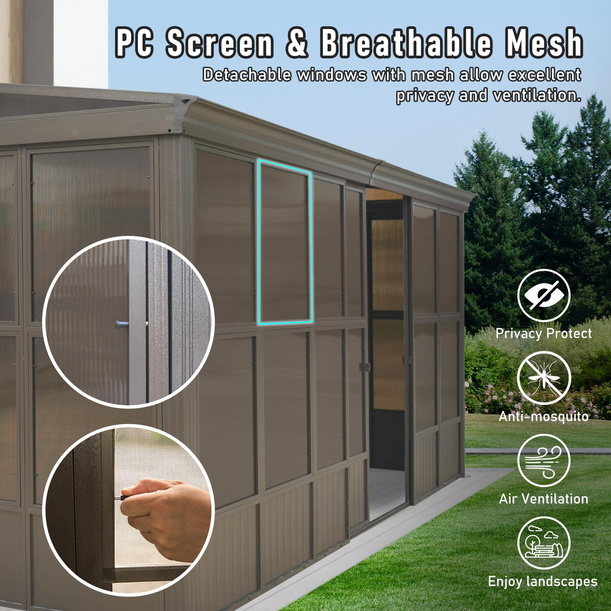 Domi 12x16FT Lean-to Sunroom, Wall Mounted Solarium with Galvanized Steel Sloping Roof, Moveable PVC Screen, Front Door&Side Sliding Door, Outdoor Permanent Gazebo Against Wall Sun Room for Patio Deck domi outdoor living