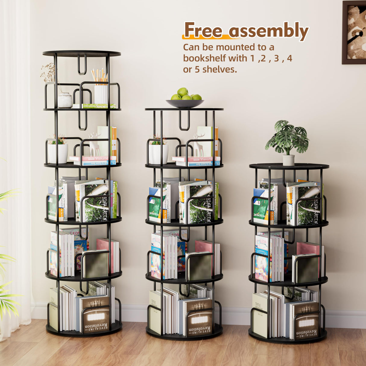 YZU Rotating Bookshelf Tower 5 Tier,Spinning Bookcase, Revolving 360 Book Shelf Narrow Tall Bookcase, Vertical Turning Round Storage Bookshelf,Book Shelf Organizer for Bedroom, Living Room (Black) YZU