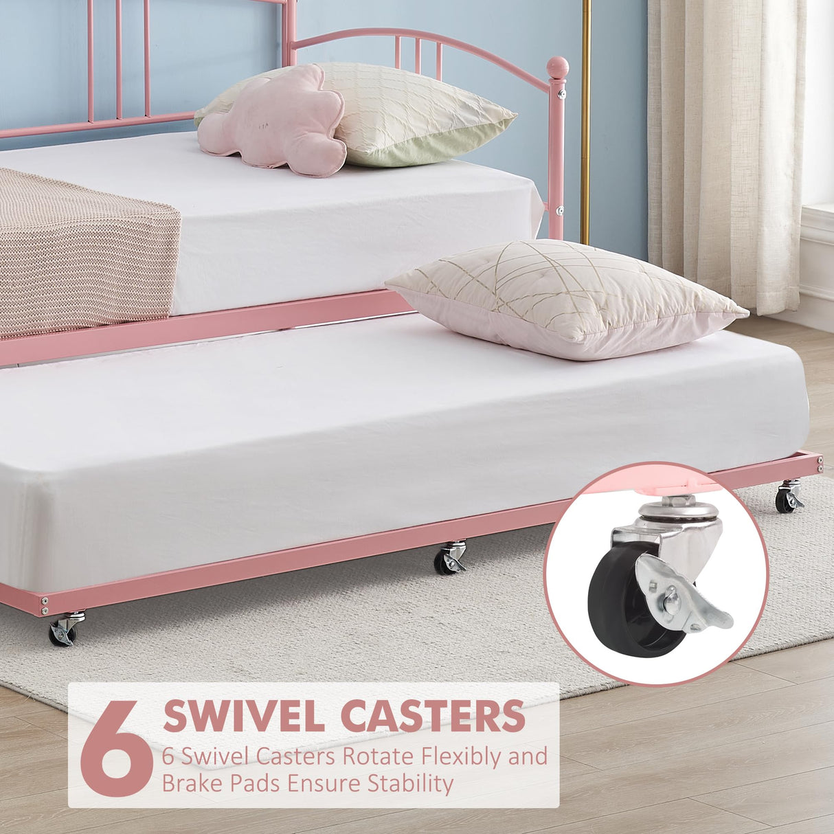 IDEALHOUSE Twin Daybed with Trundle, Metal Twin Size Daybed with Pullout Trundle 6 Casters, Steel Slat Support Sofa Bed for Living Room, Bedroom, Guest Room (Black/White/Pink/Purple) IDEALHOUSE