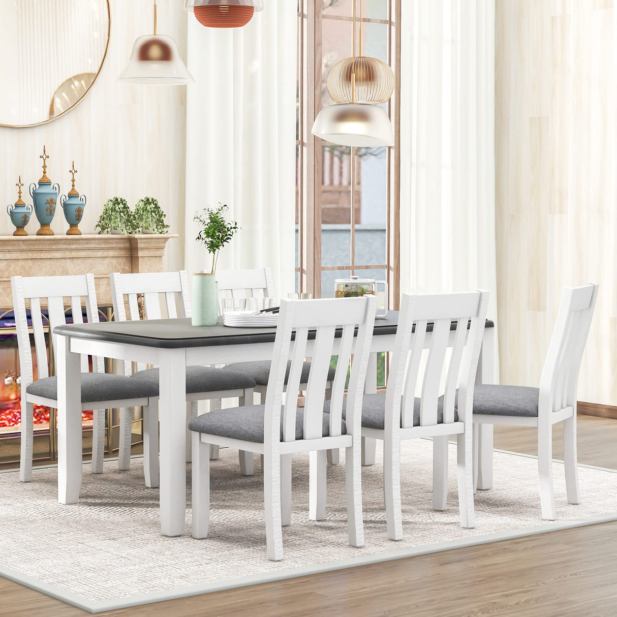 CITYLIGHT 7 Pieces Dining Table Set with Extendable Tabletop and 6 Upholstered Chairs, Solid Wood Kitchen Dining Room Table Set, Kitchen Furniture Set for 6-8 People, Gray Tabletop + White CITYLIGHT