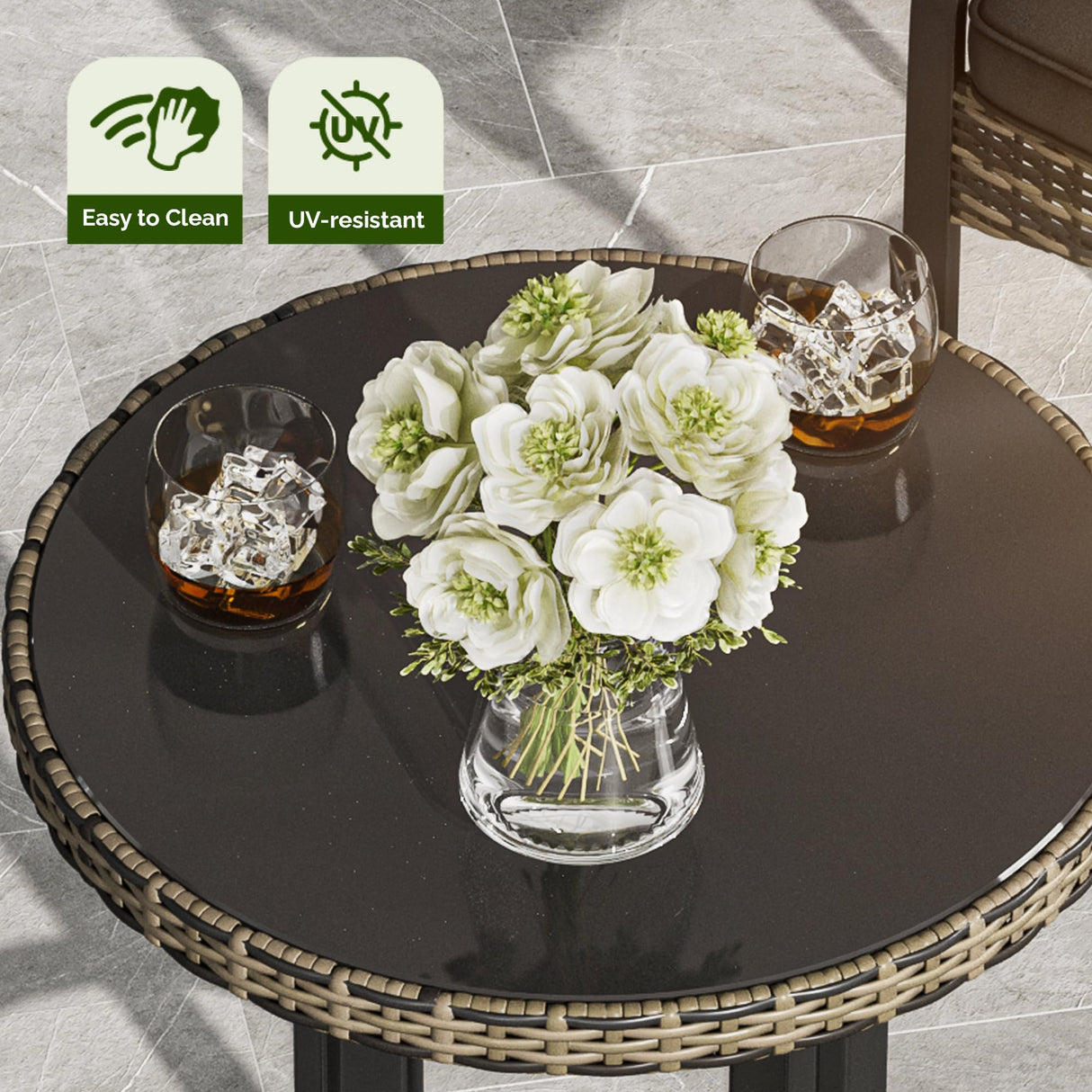 YITAHOME 3-Piece Outdoor Wicker Bar Height Set with Cushioned Barstools, Patio Bistro Furniture for Balcony and Poolside, Black YITAHOME