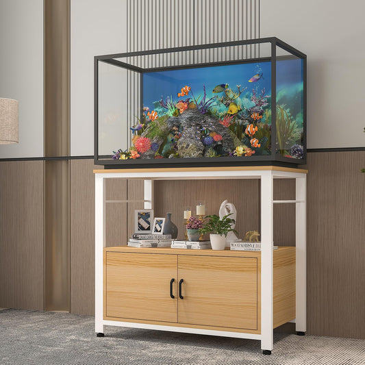 Avolander Fish Tank Stand Metal Aquarium Stand with Cabinet Accessories Storage 40-50 Gallon, Double Layer Metal with Storage Weight Capacity 760lbs, White Walnut Brown