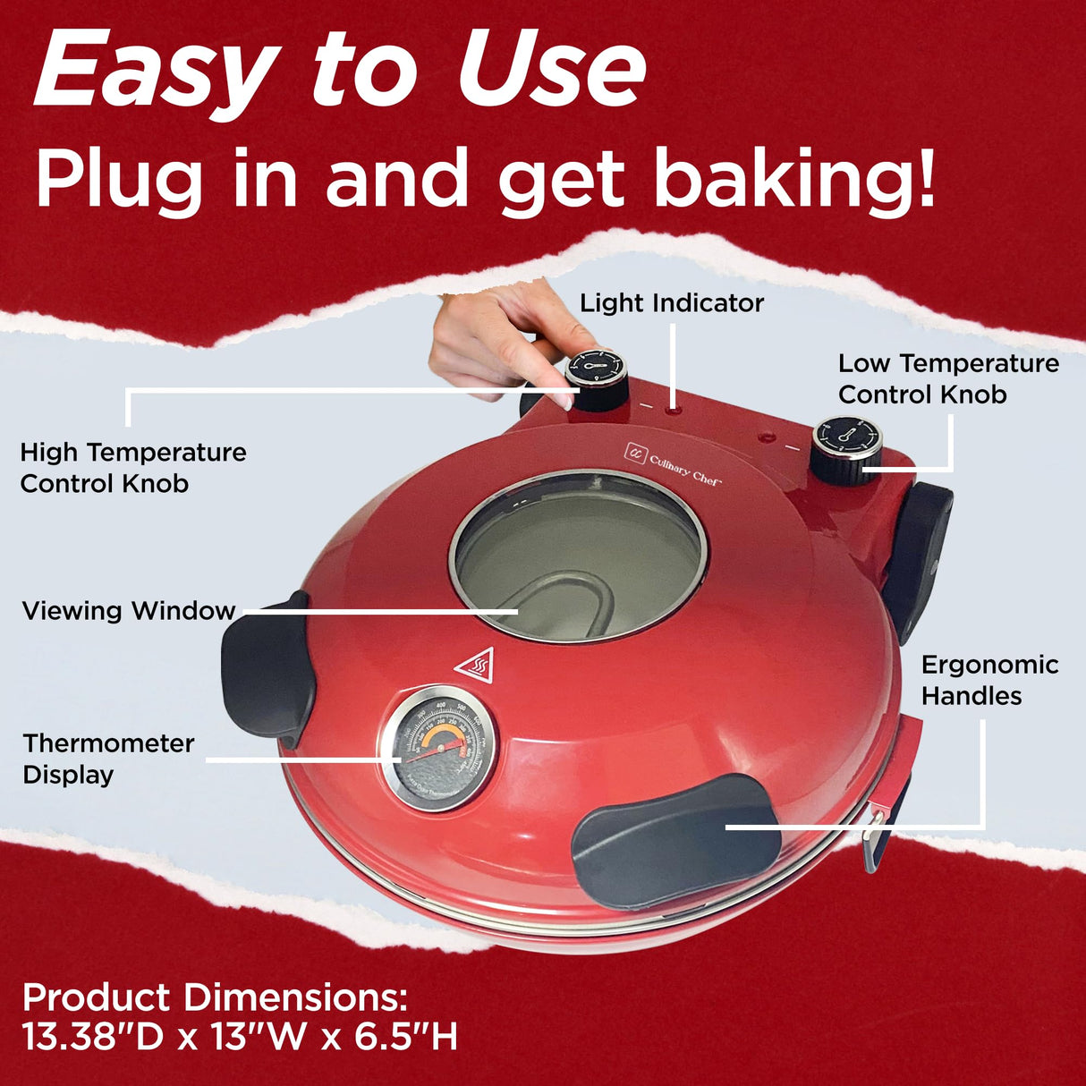 CULINARY CHEF Electric Pizza Oven with Ceramic Stone, Viewing Window, Adjustable Heat Control, Timer and 1200W Baking Power, DIY Homemade Pizzeria, Large 12” Pie Capacity (Red) CULINARY CHEF