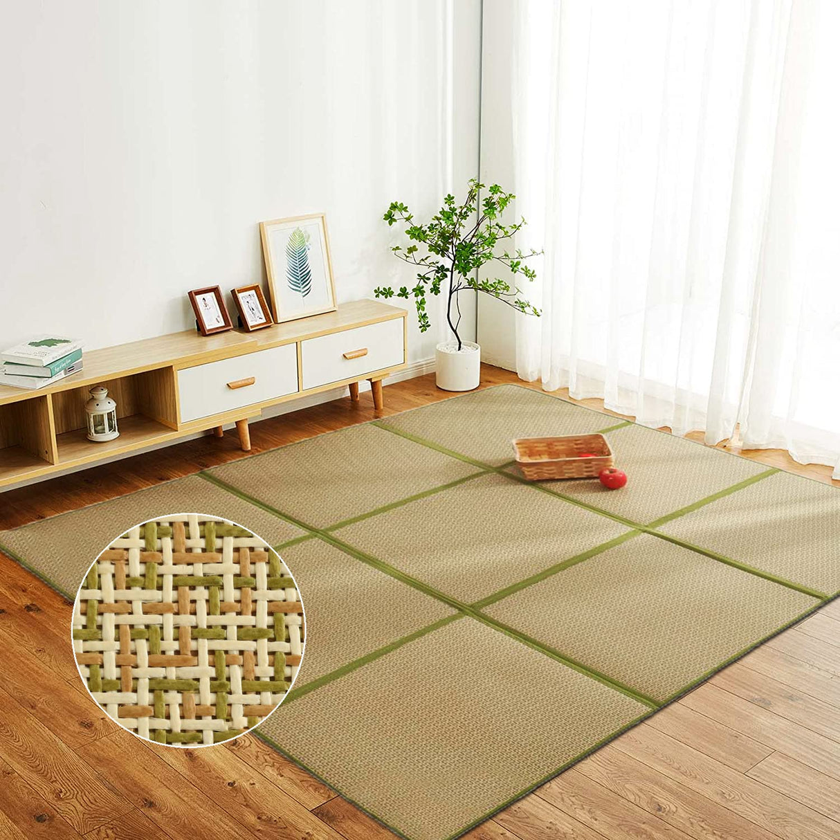Nisorpa 71'' x 71'' Japanese Tatami Mat Igusa Tatami Mattress 0.47'' Thick Japanese Floor Mattress Rattan Non-Slip Breathable Memory Foam Area Rug Tatami Rug Mat Bedroom Sleeping Crawling Mat, Green Nisorpa