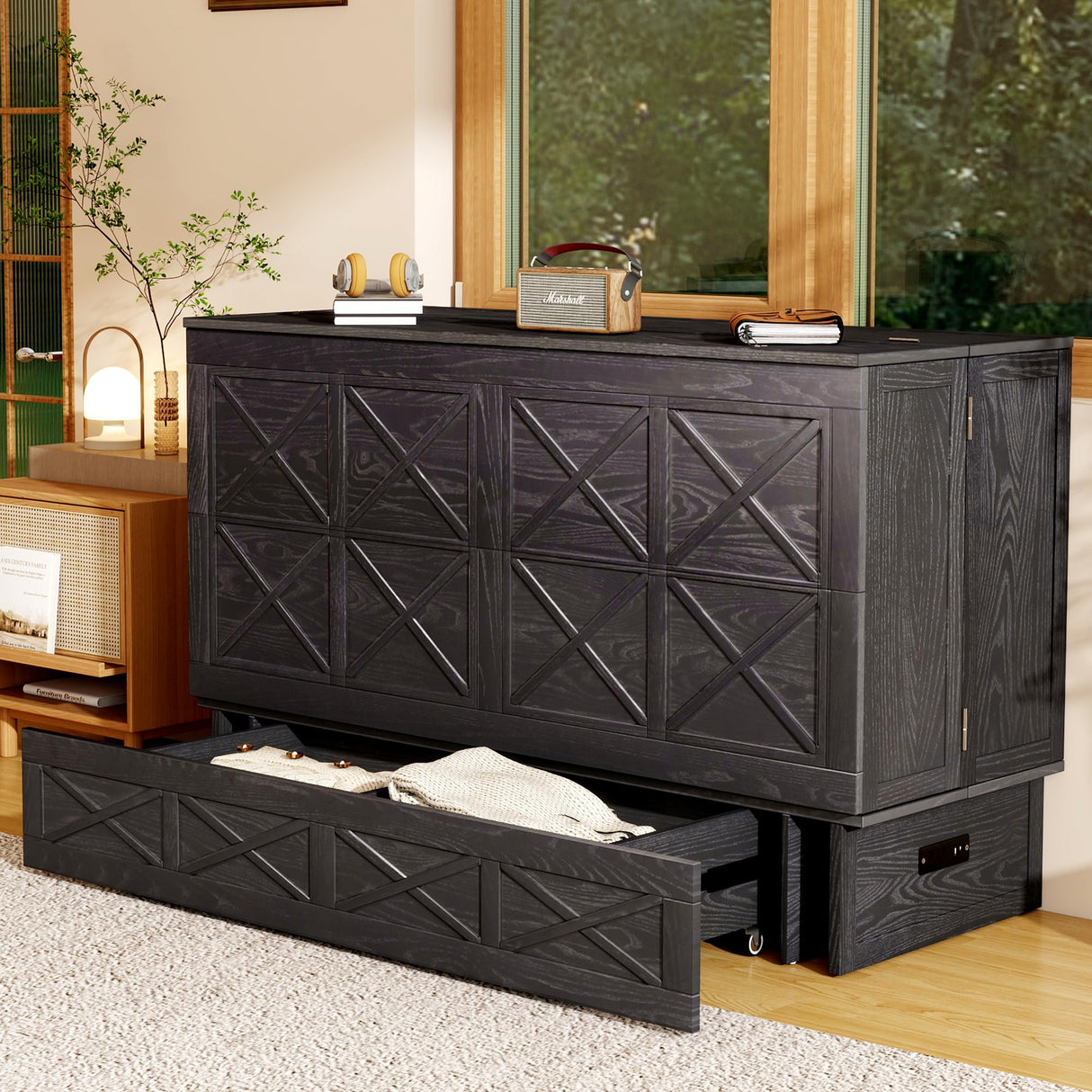 Keloyid Solid Wood Murphy Bed Cabinet：Queen Size Murphy Bed with USB Charging Station and Large Storage Drawer for Home，Optimize Sleeping Space（Mattress Not Included） Retro Brown Black-21 Keloyid