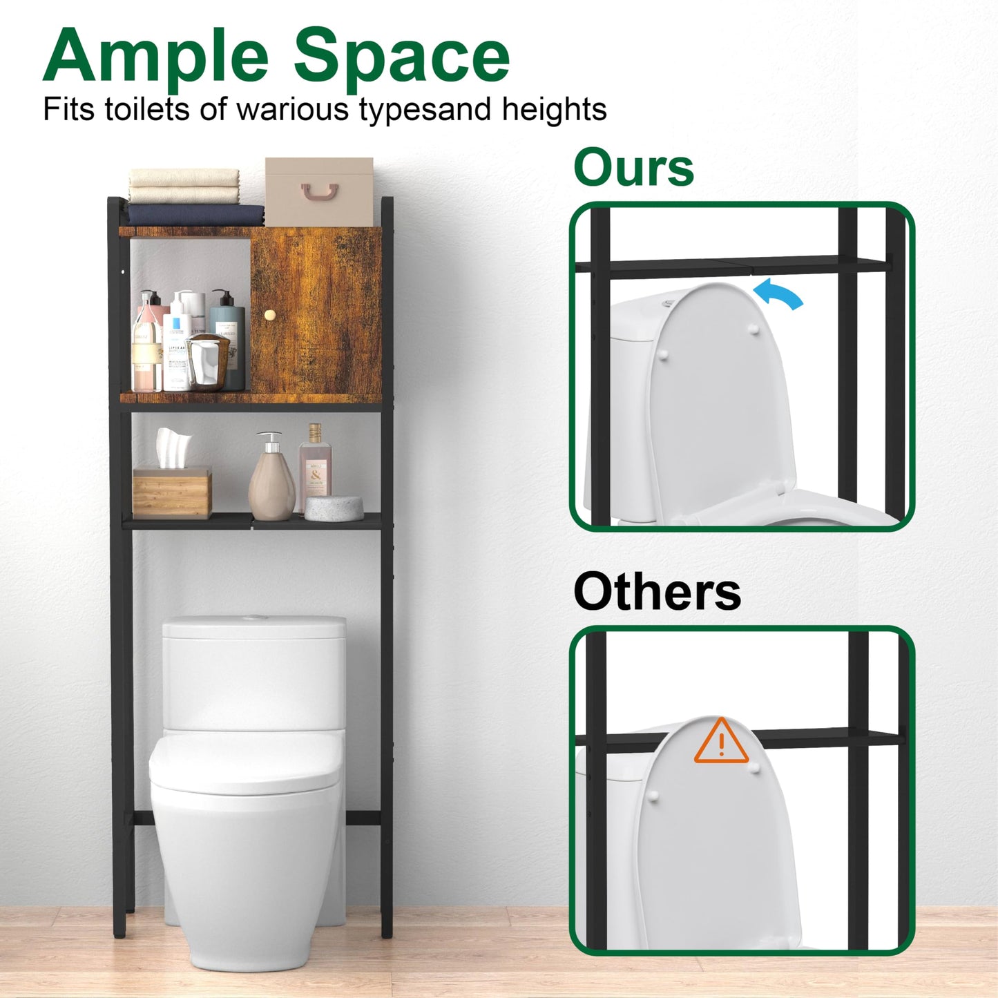 Over The Toilet Storage, 3 Tier Bathroom Organizer, Storage for Free Standing Wood Cabinet, Multifunctional Above Toilet Storage，Wood