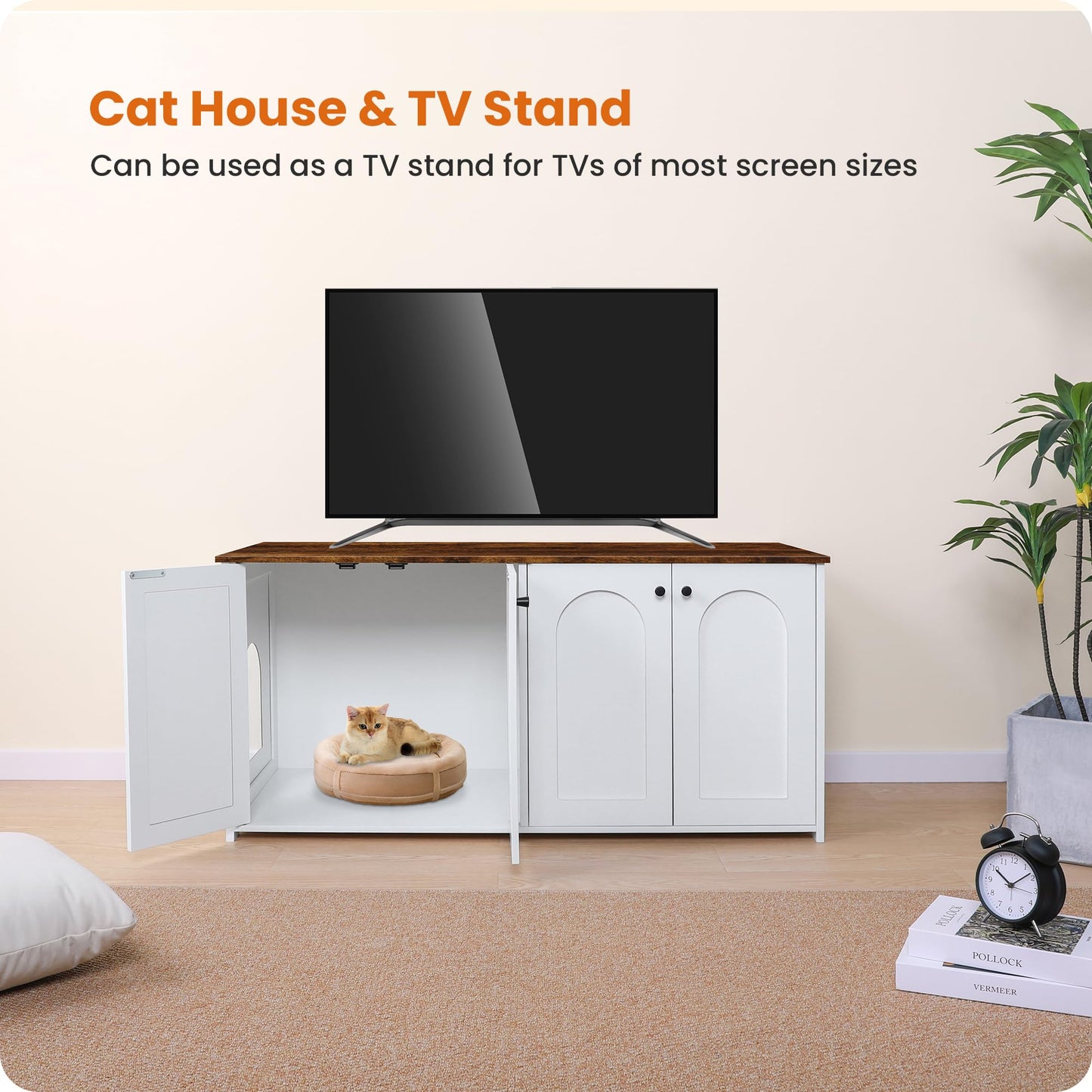 Dwanton Litter Box Enclosure for 2 Cats, Cat Litter Box Furniture Hidden with Double Rooms, Dual Cat Litter House, Large Wooden Cat House Indoor, TV Stand, Fit Most of Litter Box, White+Rustic Brown