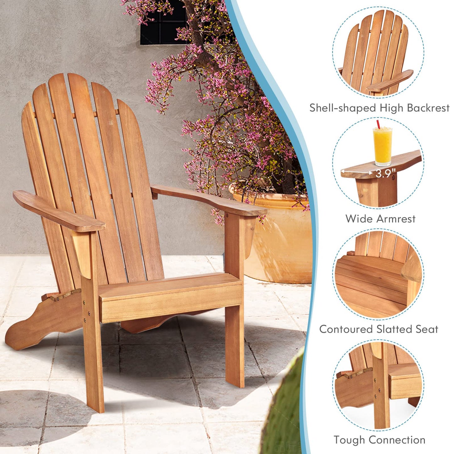 Tangkula Adirondack Chair, Acacia Wood Adirondack Lounger Chair, Outdoor Armchairs with Slatted Seating, Weather Resistant, for Patio Deck Lawn Backyard, Garden Adirondack Furniture (1, Natur - WoodArtSupply