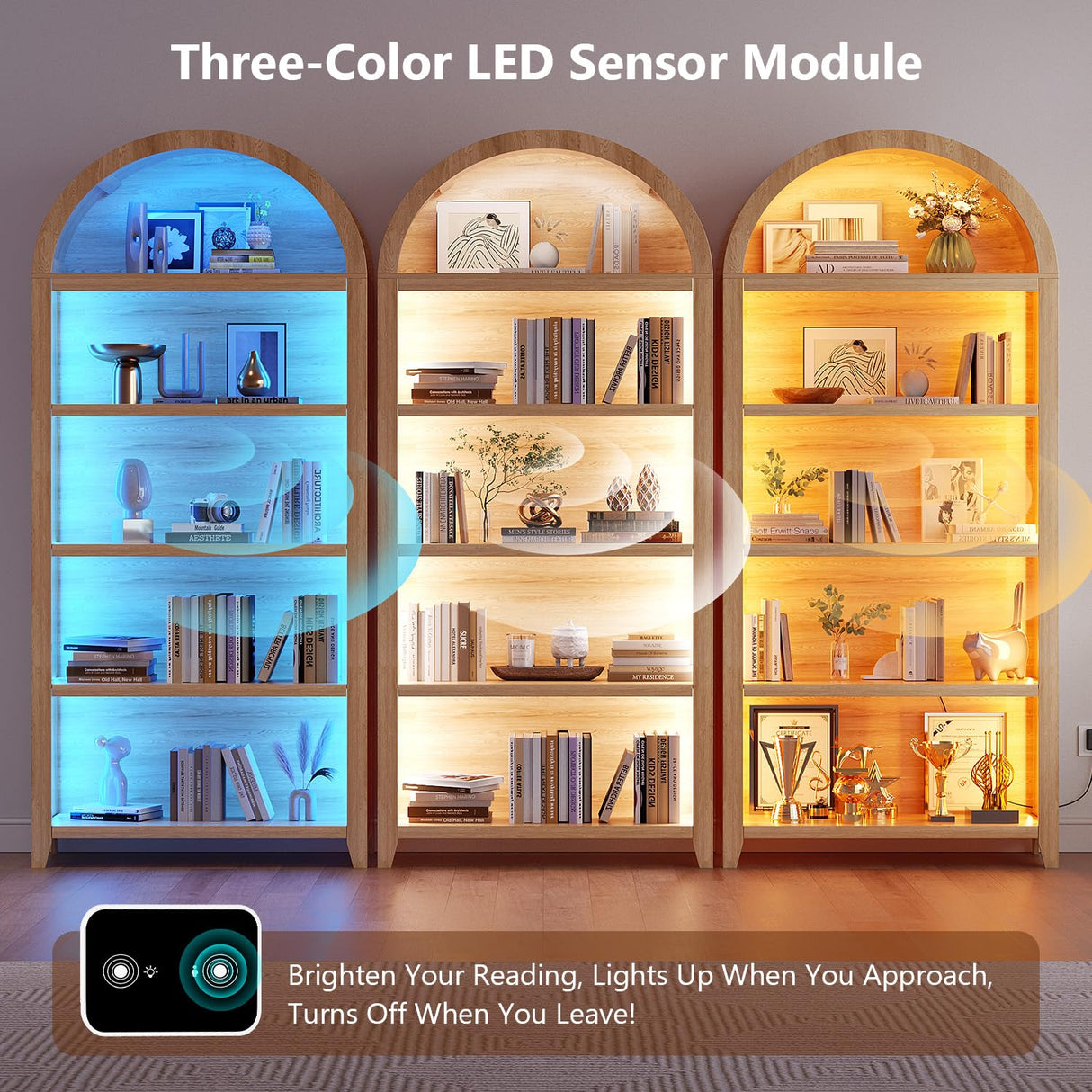 SKKTKT Arch Bookshelf - 5 Layers Bookcase with 3 Colors LED Sensor Lights and Thickened Wooden Design Display Shelf for Lego Books Bathroom Living Room - Ideal Gift (Wood) SKKTKT