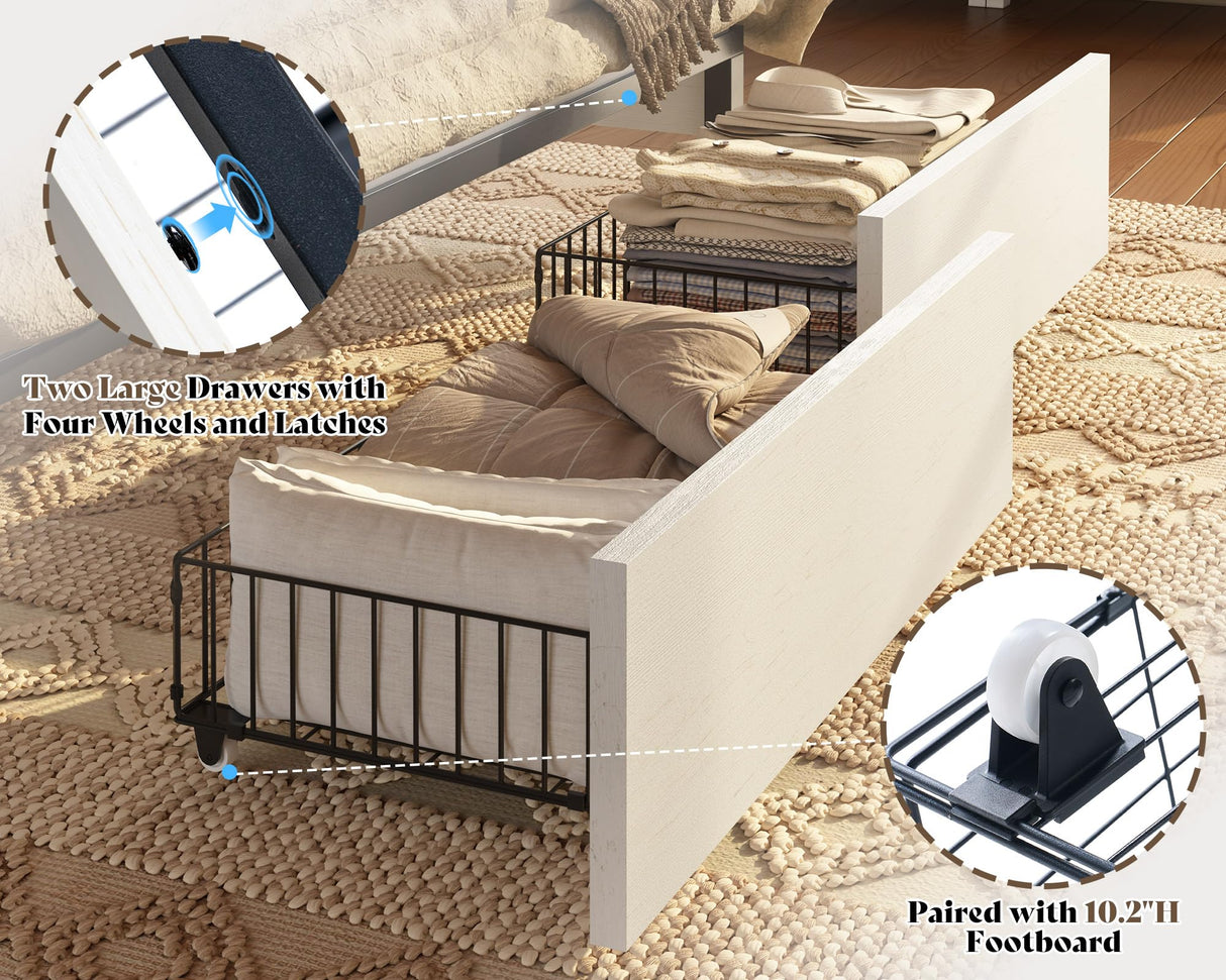 AMERLIFE King 47.2" H Bed Frame with Hidden Space Bookcase Headboard and Charging Station, Beds with 2 Storage Drawers and Wood Slats, No Box Spring Needed, White & Barnwood AMERLIFE