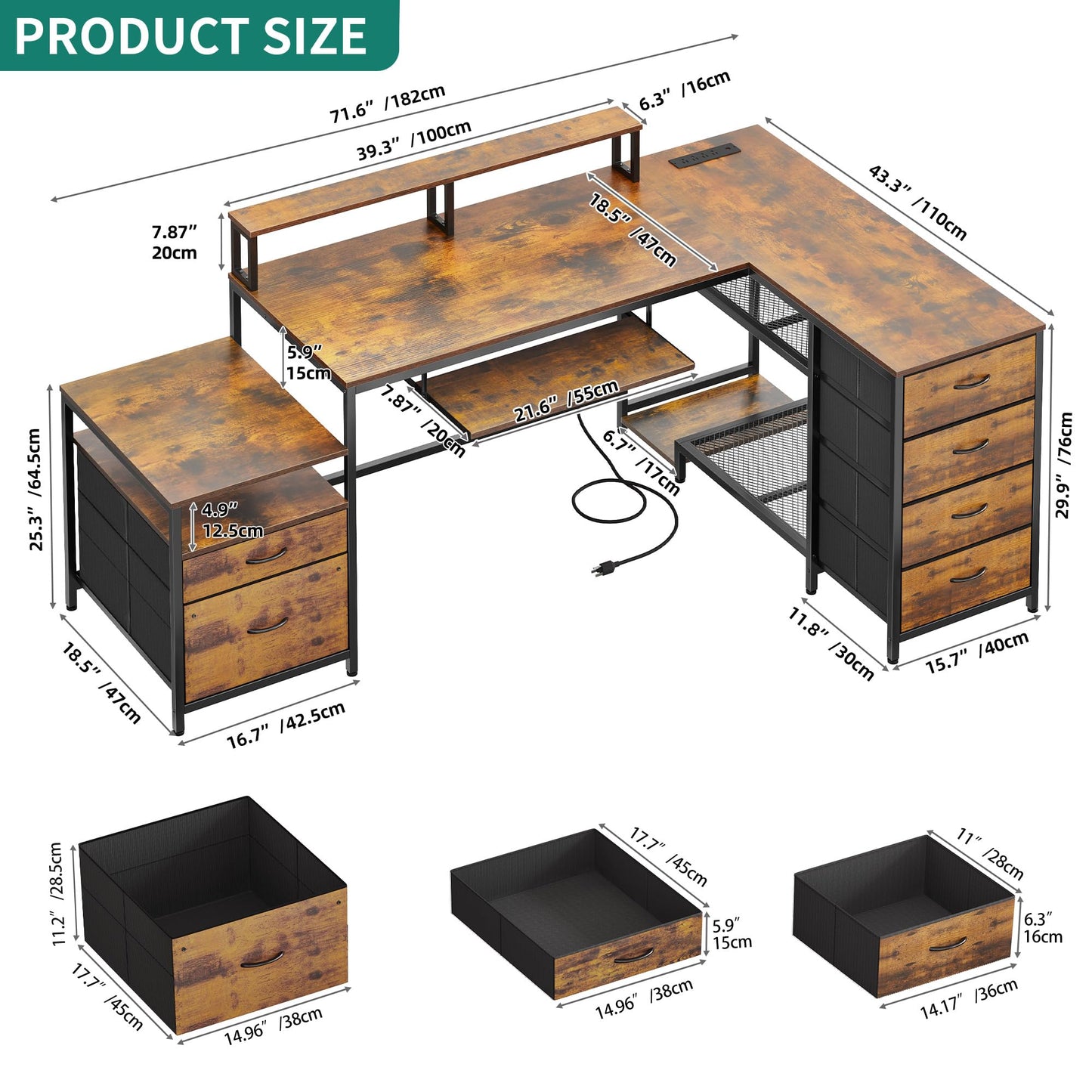 YITAHOME L Shaped Desk with Drawers, 71" Computer Desk with Power Outlet & LED Lights, Corner Desk Home Office Desk with Storage Shelves & Printer Stand, Gaming Desk with Monitor Shelf, Brown