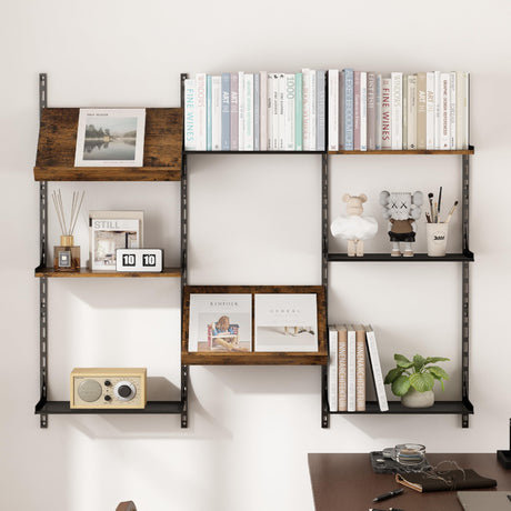 GILLAS Wall Mounted Floating Shelves, 8 Tier Wall Mounted Storage Shelves, Industrial Rustic Bookshelf with Adjustable Metal Brackets, Display Rack for Living Room, Bedroom, Kitchen, Home Office GILLAS