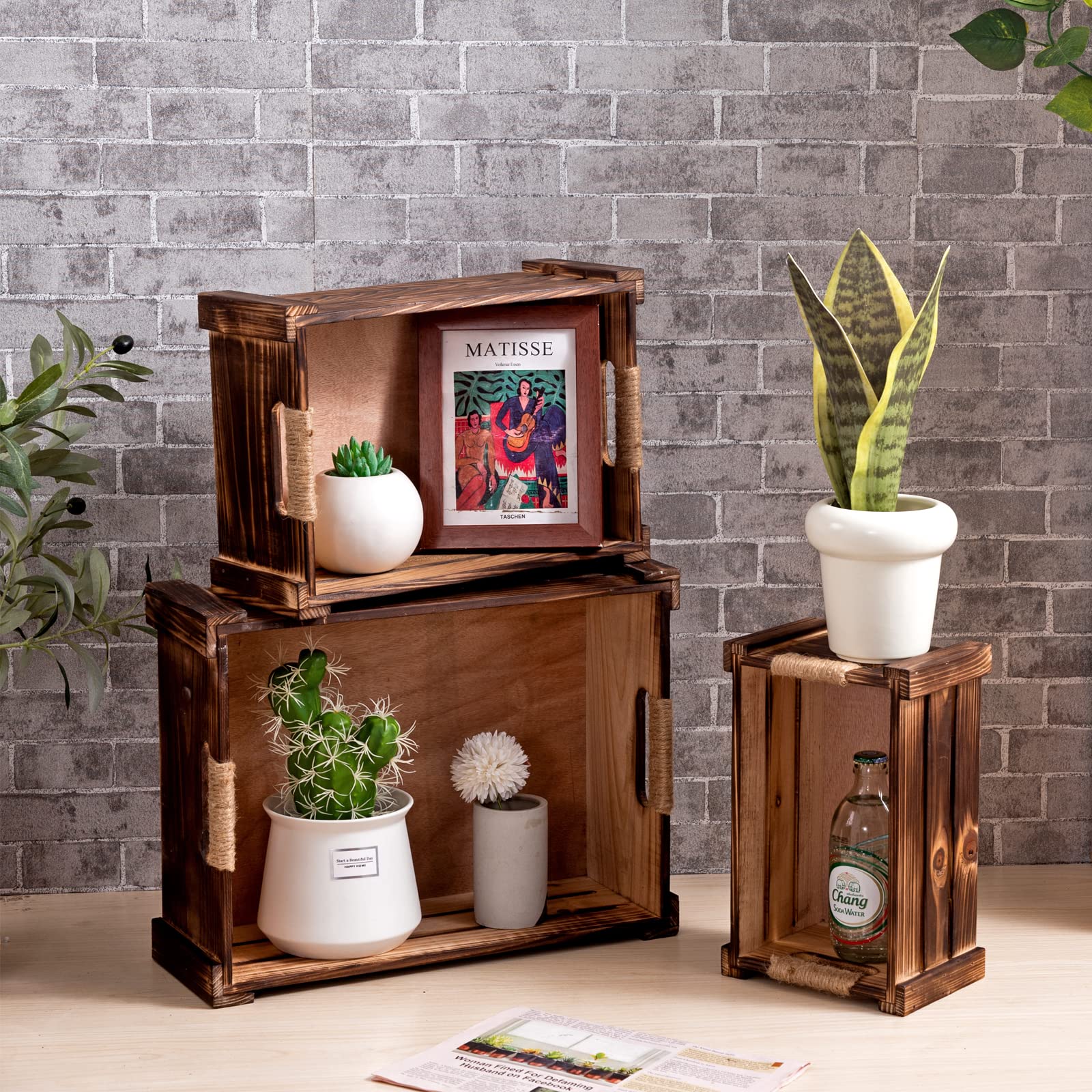 TIMRIS Set of 3 Rustic Wood Nesting Crates, Farmhouse Wooden Storage Container Boxes with Cutout Handles, Decorative Wooden Baskets for Display (Rustic Brown) - WoodArtSupply