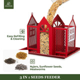 Kingsyard Bird Feeder House for Outside, Metal Mesh Wild Bird Feeder with Triple Feeders for Finch Cardinal Chickadee, Large Capacity, Weatherproof and Durable, Red Kingsyard