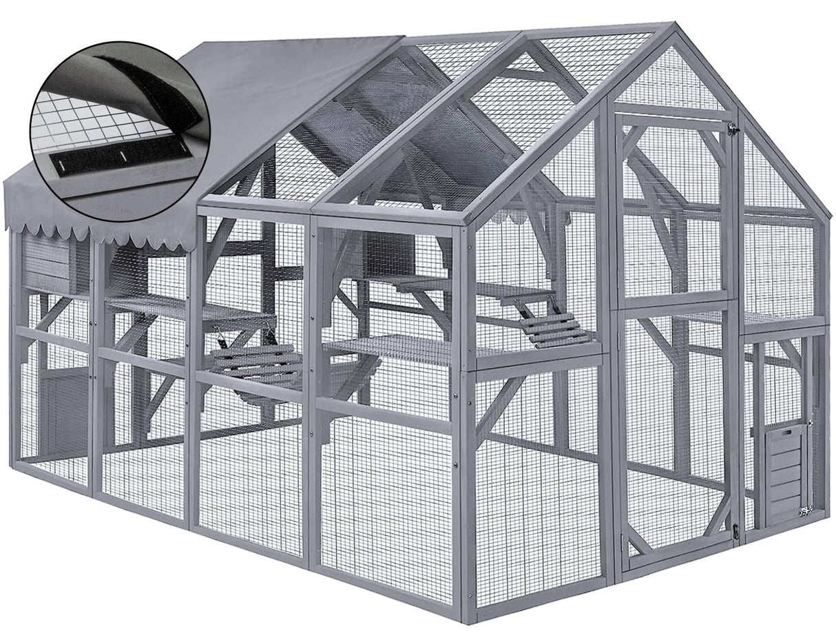 HYDRAGARDEN Large Catio Outdoor Cat House Enclosure Wooden Cat Cage Kitten Condo for Multiple Pets Walk in, with Bouncy Bridge, Platforms, Small Houses and Weatherproof Roof - 111”x74”x74” HYDRAGARDEN