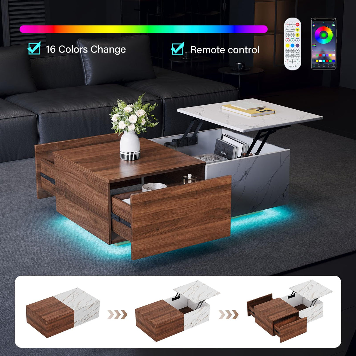 Svimi Modern Lift Top Coffee Table & 65" TV Stand Set of 2, Extendable LED Entertainment Center with Power Outlets/Hidden Storage(Walnut Brown & White Coffee Table + Walnut Brown TV Stand) Svimi