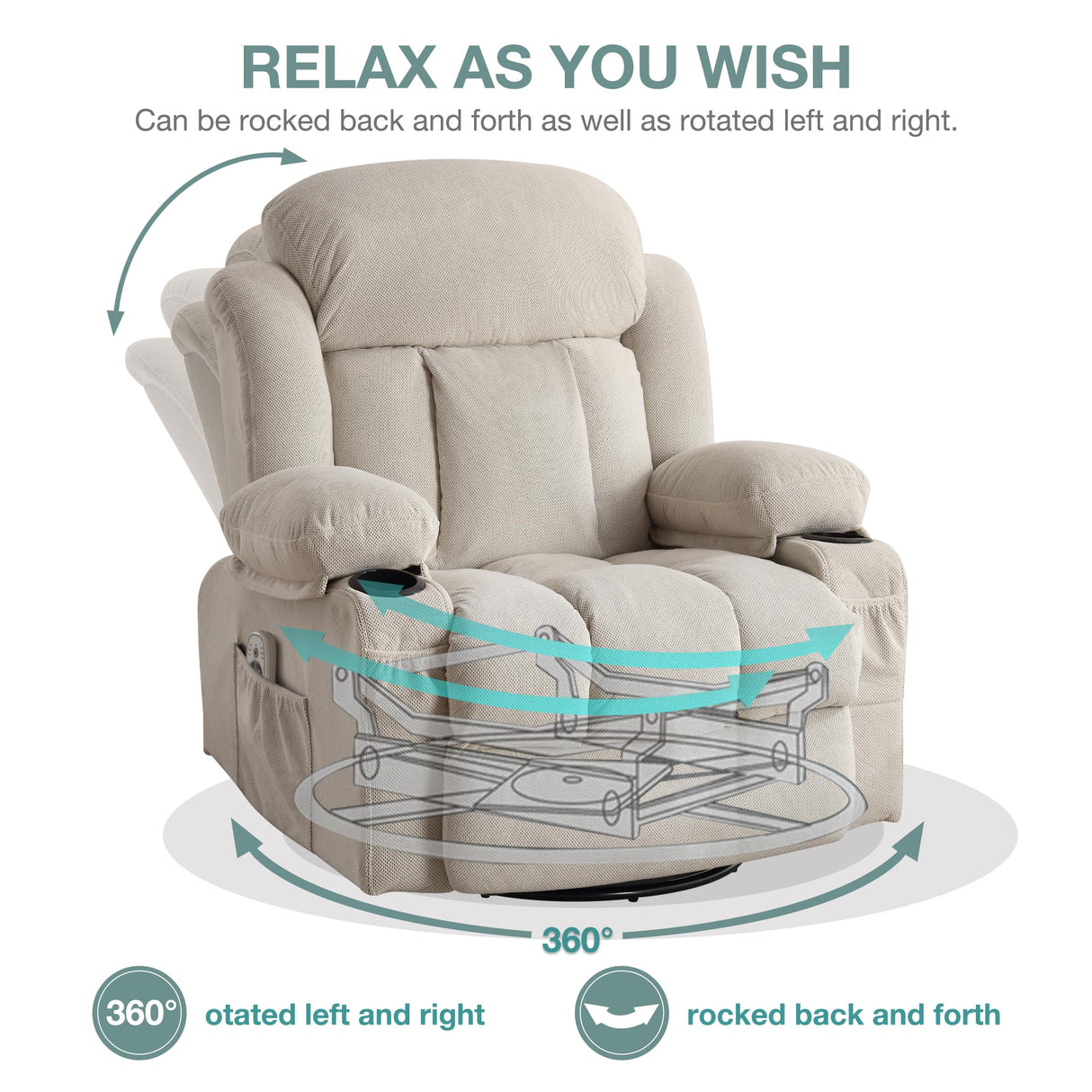 BOSMILLER Massage Recliner Chair, Swivel and Rocking Recliner with Heat and Vibration, Breathable Fabric Ergonomic Single Sofa Chair for Living Room with Cup Holders, Side Pockets BOSMILLER