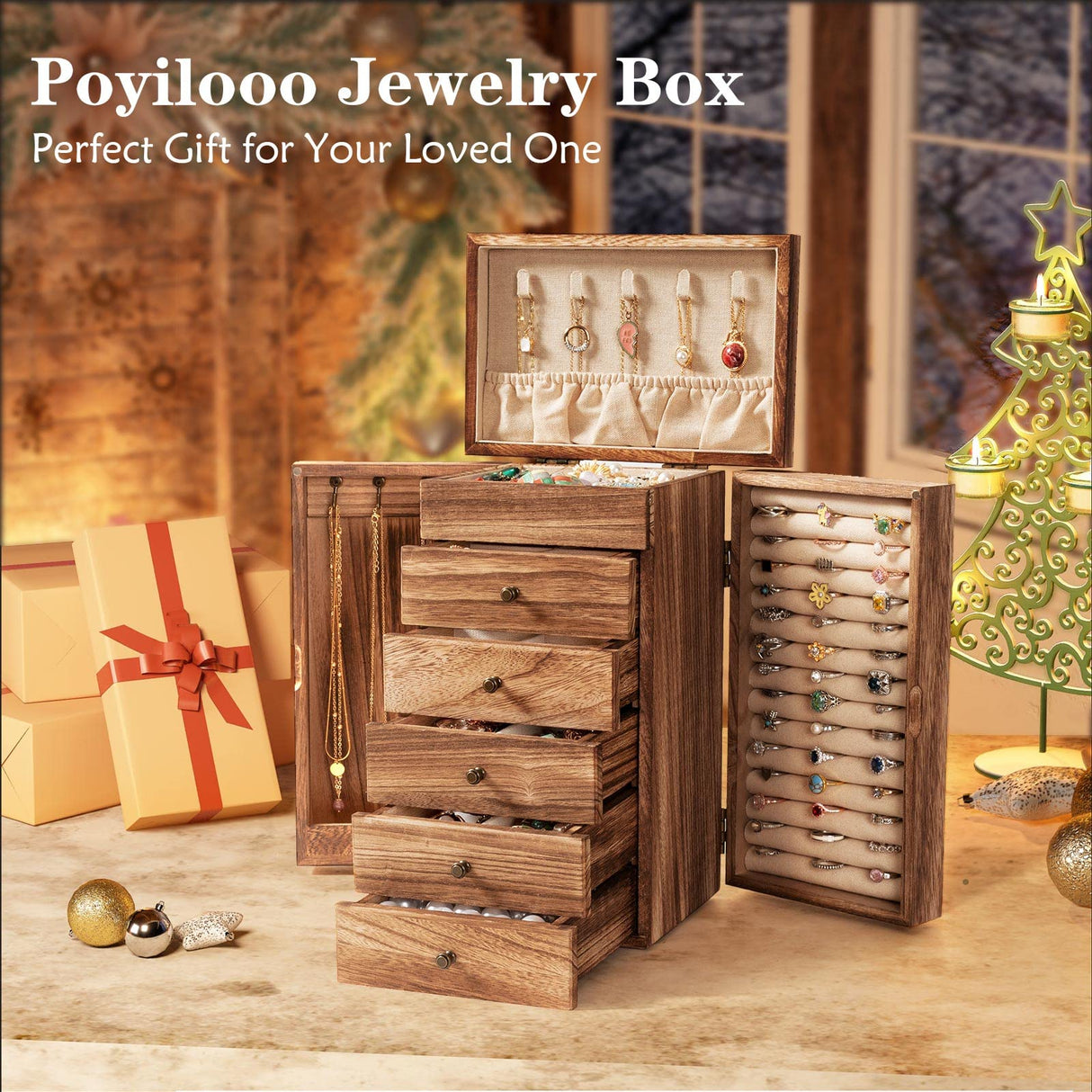 Poyilooo Large Jewelry Boxes for Women Girls, 9"x 5.9"x 12" Wooden 5-Layers Jewelry Organizer and Storage With Drawer, Suitable for Earring, Ring, Necklace, Bracelet. Gifts for Women Poyilooo