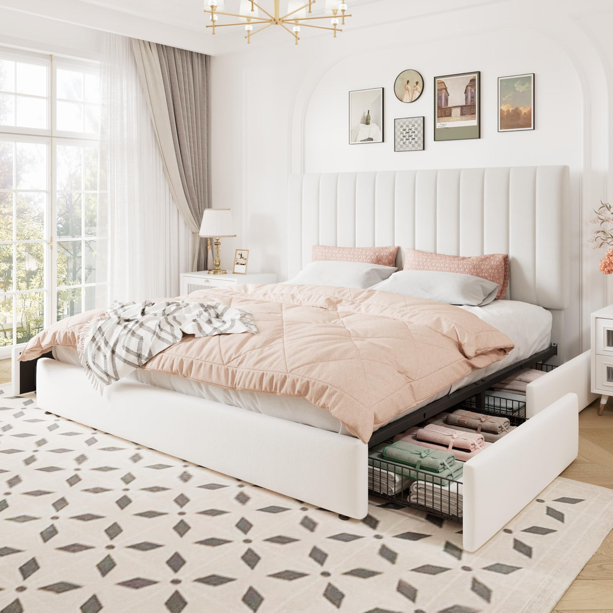 Allewie King Size Storage Bed Frame, Vertical Channel Tufted Adjustable Headboard, Velvet Upholstered Platform Bed with 4 Oversized Underbed Drawers, Wooden Slats Support, No Box Spring Needed, White Allewie