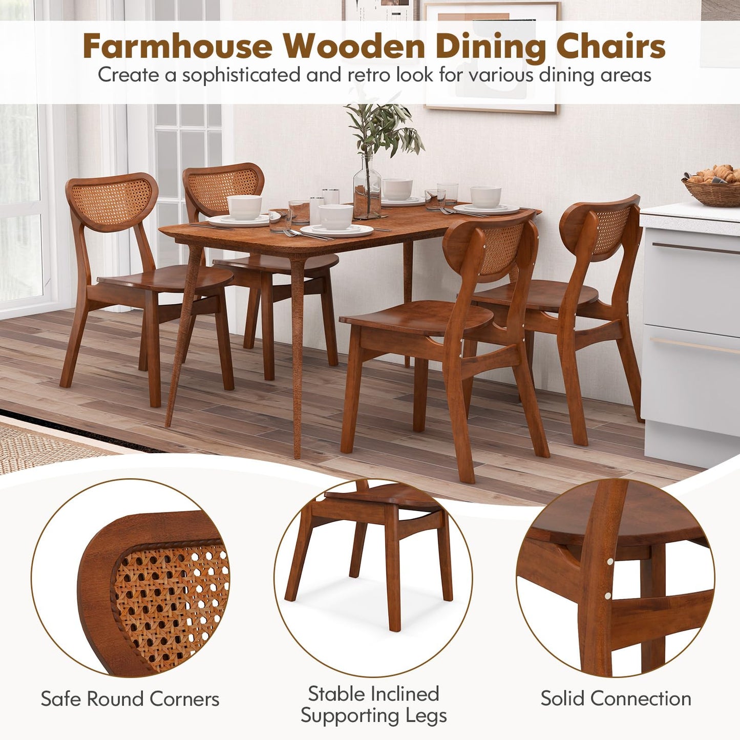 Giantex Wooden Dining Chairs Set of 4, Armless Kitchen Chairs w/Breathable Mesh Cane Backrest, Rubber Wood Legs, Farmhouse Side Chairs, Max Load 265 lbs,Rattan Accent Chairs for Restaurant, W - WoodArtSupply