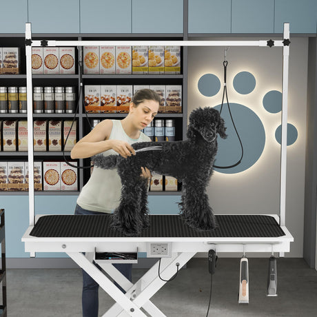 49.6” Electric Lift Pet Grooming Table | Adjustable Height | Heavy Duty Design | Overhead Arm | Non-slip Surface | Professional Grade | Ideal for Dogs & Cats | Black & White Available (WHITE) KAIPETZZZ