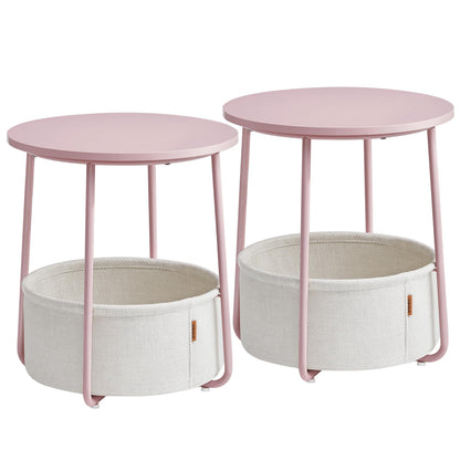 VASAGLE Nightstands, Set of 2 Bedside Tables with Fabric Basket, Small Round Side Tables, End Tables, for Bedroom, Jelly Pink and Cream White ULCT668R01