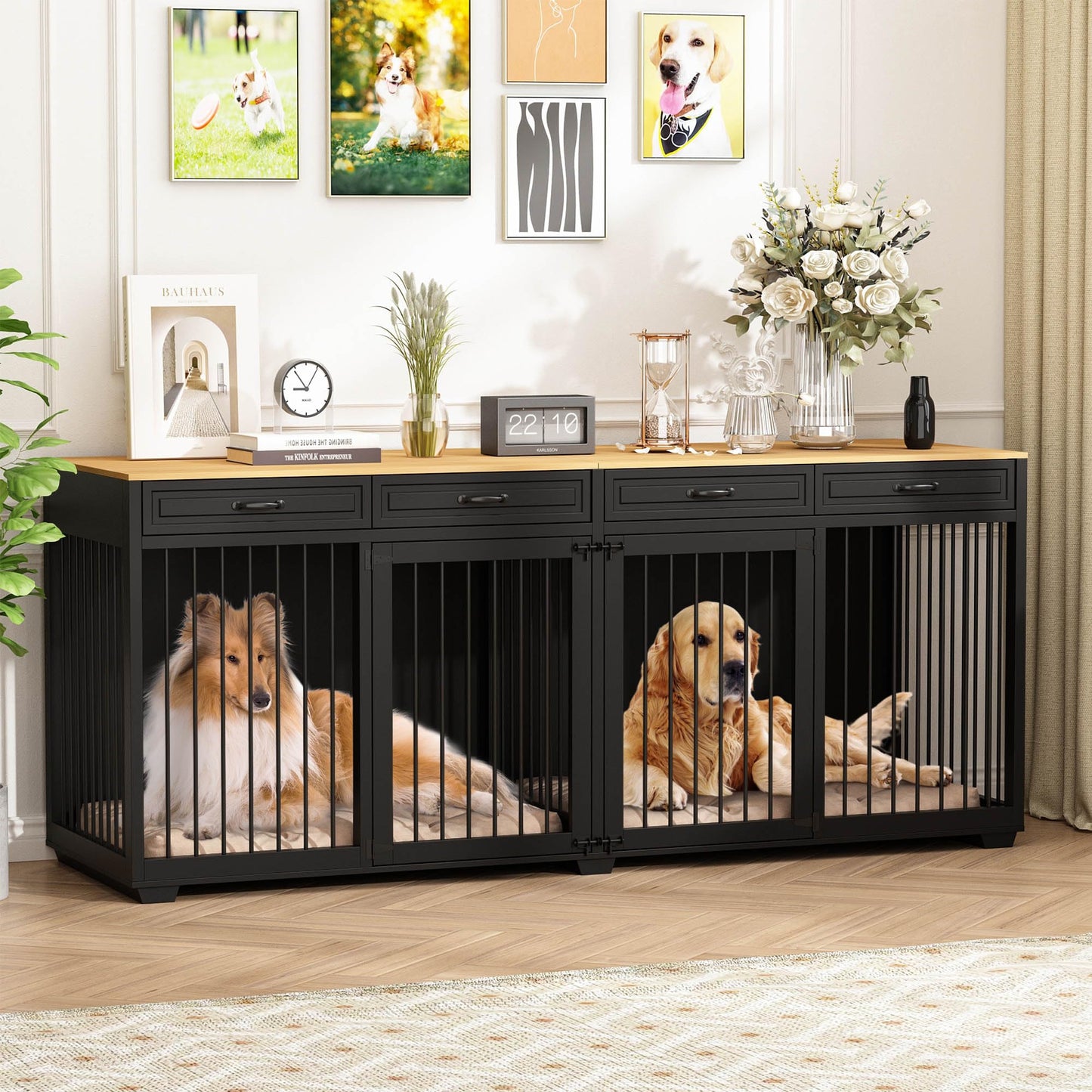 DAWNSPACES Extra Large Dog Crate Furniture, 93 Inch Heavy Duty Wooden Dog Kennel with Drawers & Removable Divider, Indoor Furniture Style Luxury Double Rooms Dog House for XL Large Dogs, Blac - WoodArtSupply