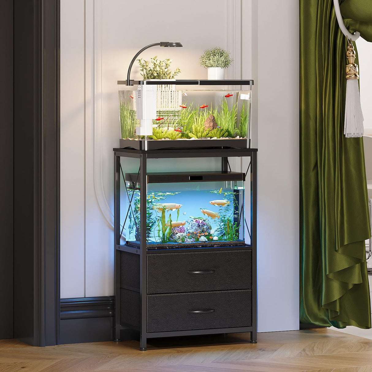 Welfuturer Aquarium Stand 10 Gallon with 2-Tier Shelf, Fish Tanks Stand with 2 Drawers, Metal Frame Heavy Duty Reptile/Turtle Tank Stand for Home Office, Fish Tanks Accessories Storage, Black Welfuturer