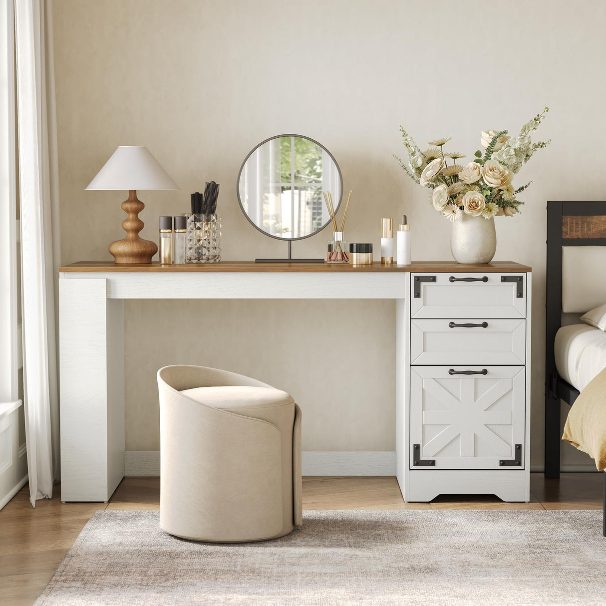 LITTLE TREE Office Desk with Drawers, 59" Farmhouse Executive Desk with Storage File Cabinet, Wooden Computer Writing Table for Home, Office, Bedroom, White & Brown LITTLE TREE