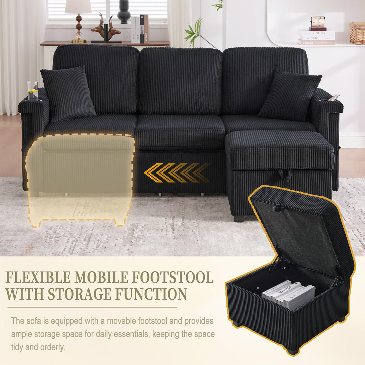 76'' L Shaped Sectional Couches with Storage Ottoman, 3 Seater Corduroy Sofa with 2 Drawers, USB Charger, Cup Holder, Changeable Light and Side Bag for Living Room, Apartment, Small Space, Black Repantes