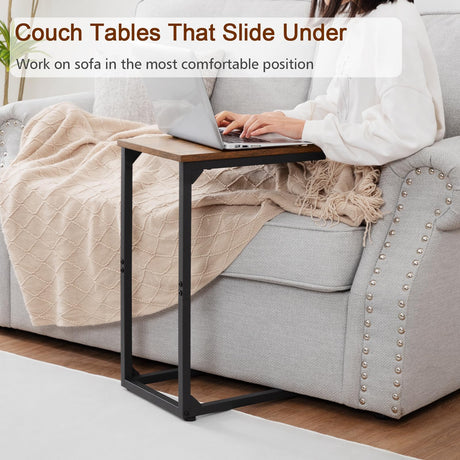 AMHANCIBLE C Shaped End Tables, TV Trays Set of 2 for Living Room, Slide Under Couch Table for Sofa, Bedroom, Small Space, Rustic Brown HET02CBR AMHANCIBLE