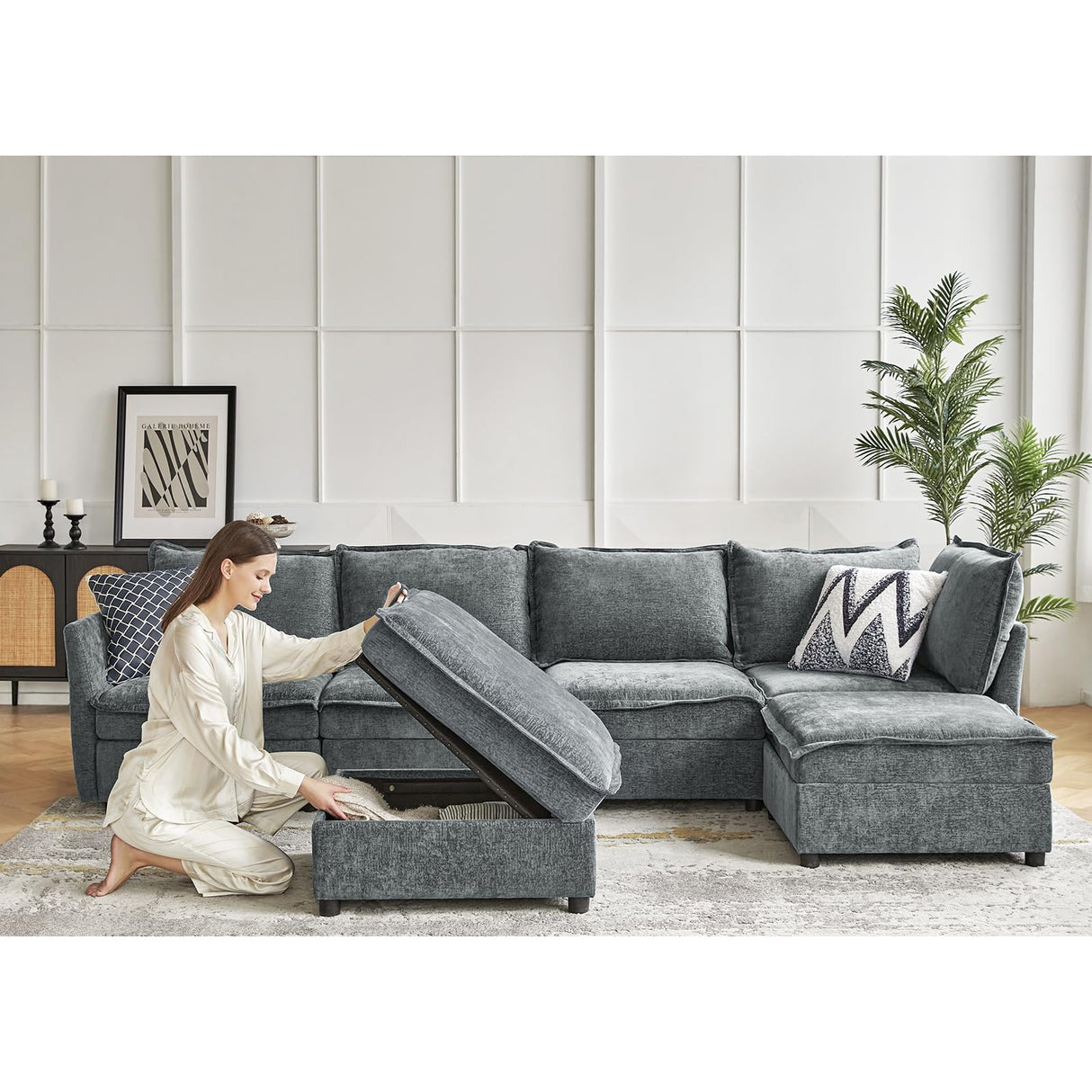 HULALA HOME 127'' Modular Sectional Sofa, Oversized U Shaped Couch with Storage Ottoman, Extra Deep Seat, Modern Comfy Chenille Sofa with Chaise, 6 Seat Convertible Couches for Living Room, Grey HULALA HOME