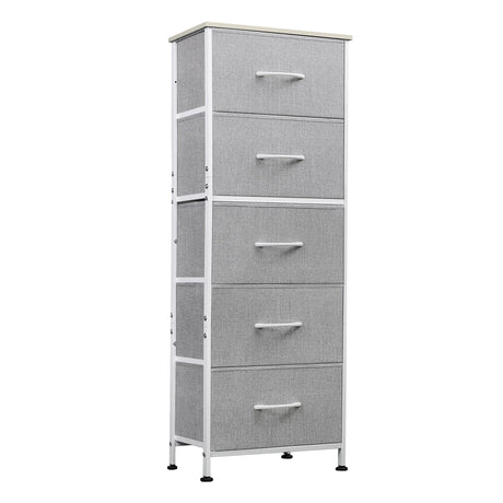 WLIVE Fabric Dresser, 5-Drawer Tall Dressers for Bedroom, Storage Dresser Organizer with Fabric Bins, Wood Top, Sturdy Steel Frame, Chest of Drawers for Closet, Hallway, Light Grey WLIVE