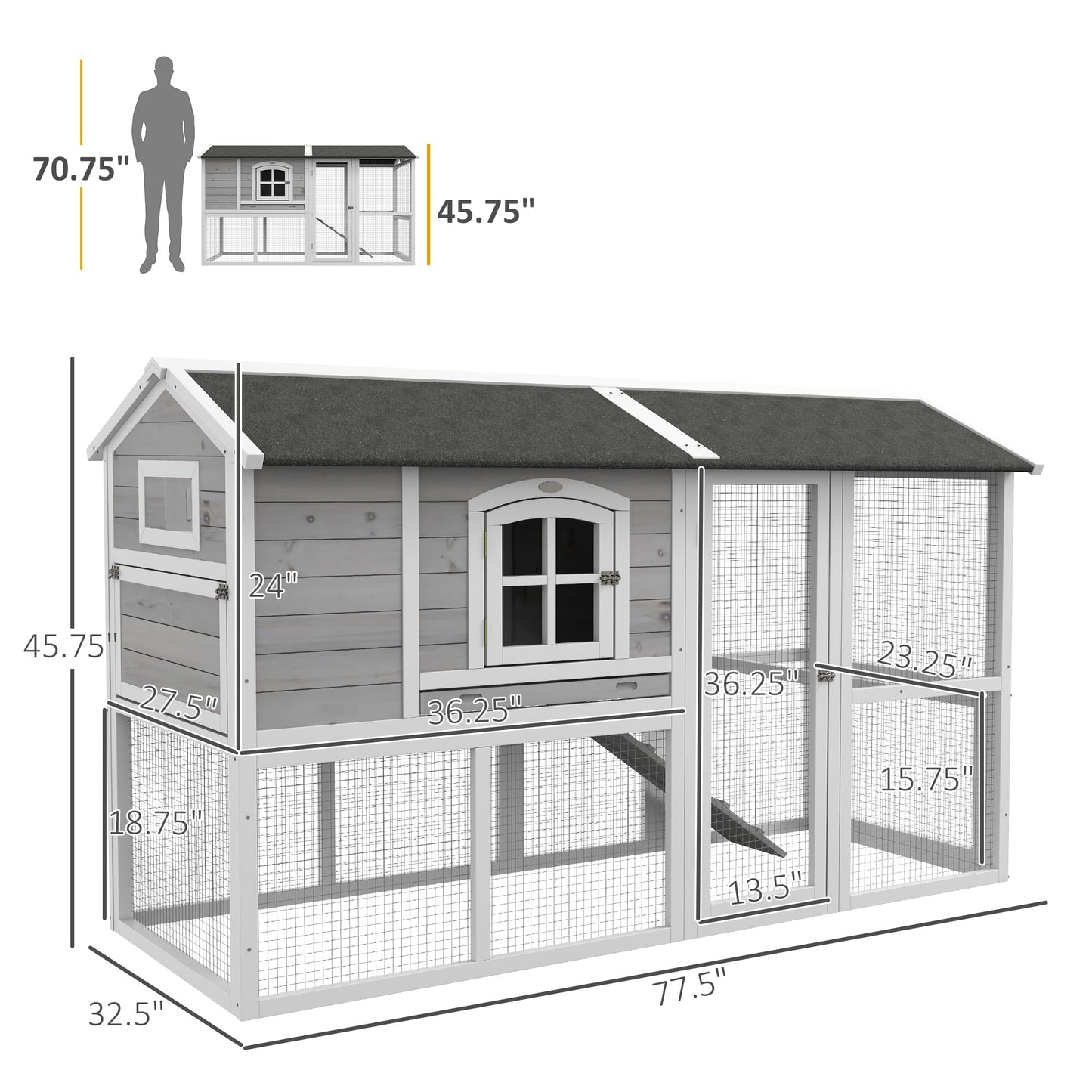 PawHut Chicken Coop, Wooden Chicken Hutch for 4 Chickens with Nesting Box, Removable Tray, Run, Hen House for Outdoor, Backyard, Farm, 77.5" x 32.5" x 46", Light Gray - WoodArtSupply