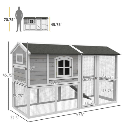 PawHut Chicken Coop, Wooden Chicken Hutch for 4 Chickens with Nesting Box, Removable Tray, Run, Hen House for Outdoor, Backyard, Farm, 77.5" x 32.5" x 46", Light Gray - WoodArtSupply